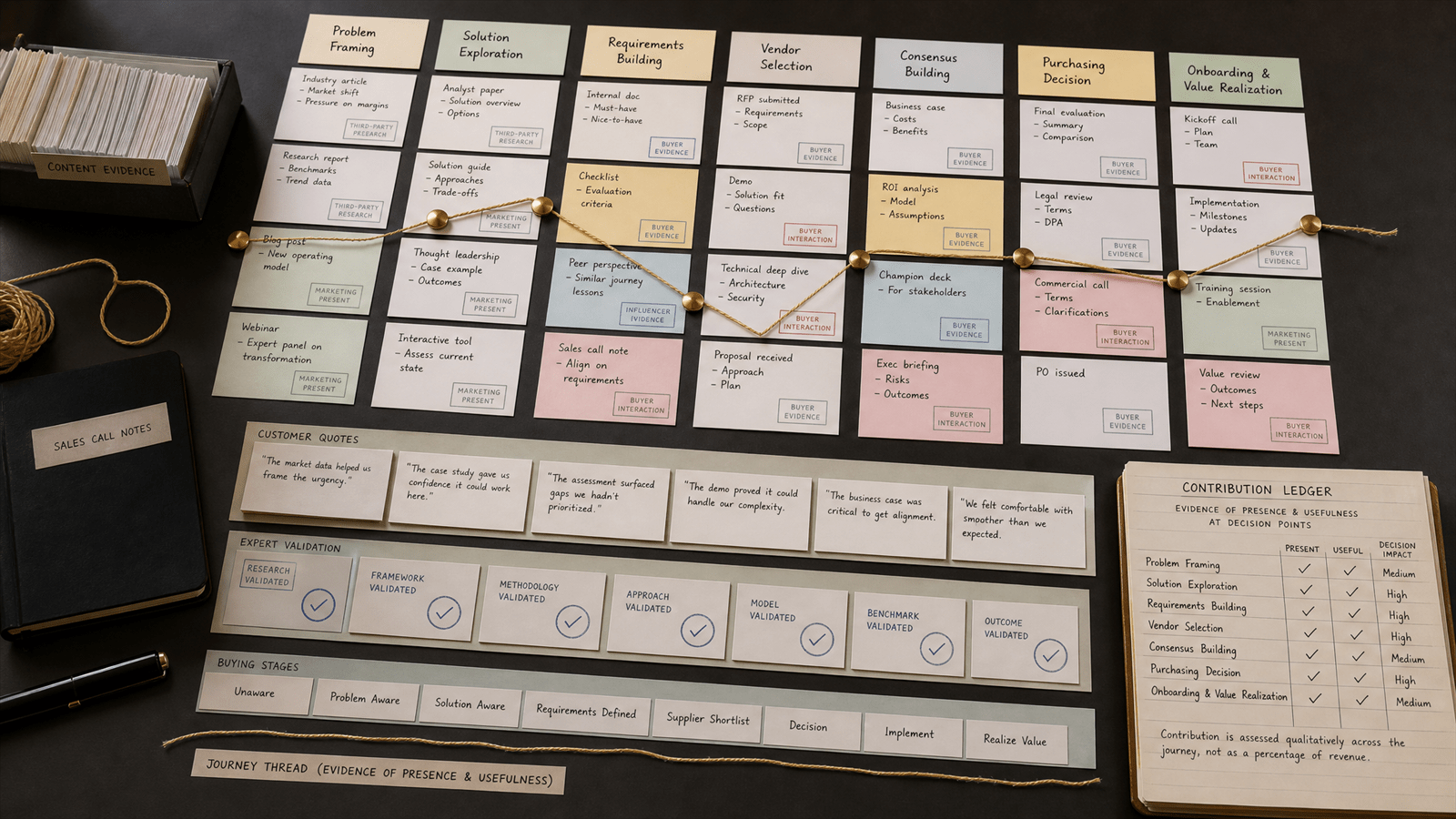 A decision-point evidence archive connects content cards, sales notes and customer quotes into a contribution ledger.