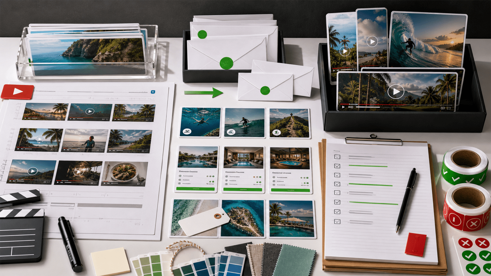 A Demand Gen launch kit arranges video storyboards, message envelopes, travel offer cards and creative QA stickers across a campaign table.