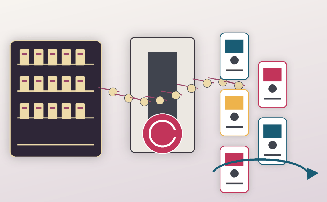 Licensed media tokens leave an archive vault and pass through approval stamps into vertical creator cards.