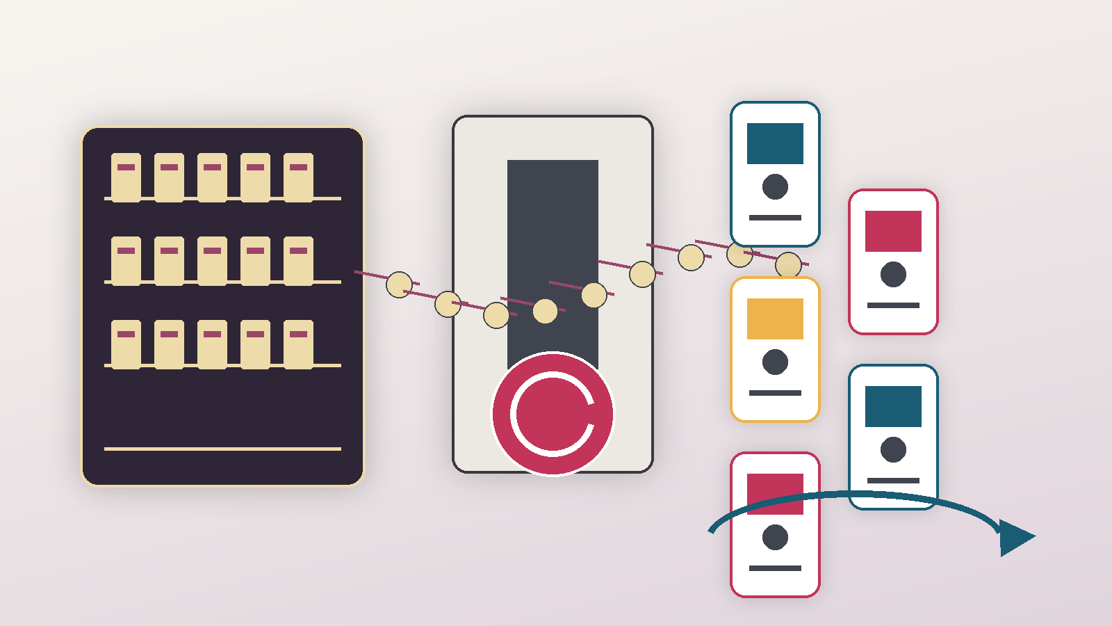 Licensed media tokens leave an archive vault and pass through approval stamps into vertical creator cards.