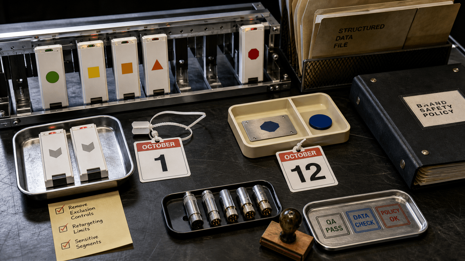 A programmatic brand-safety changeover bench shows exclusion-control cartridges, October date markers, SDF folders and identity-asset trays.