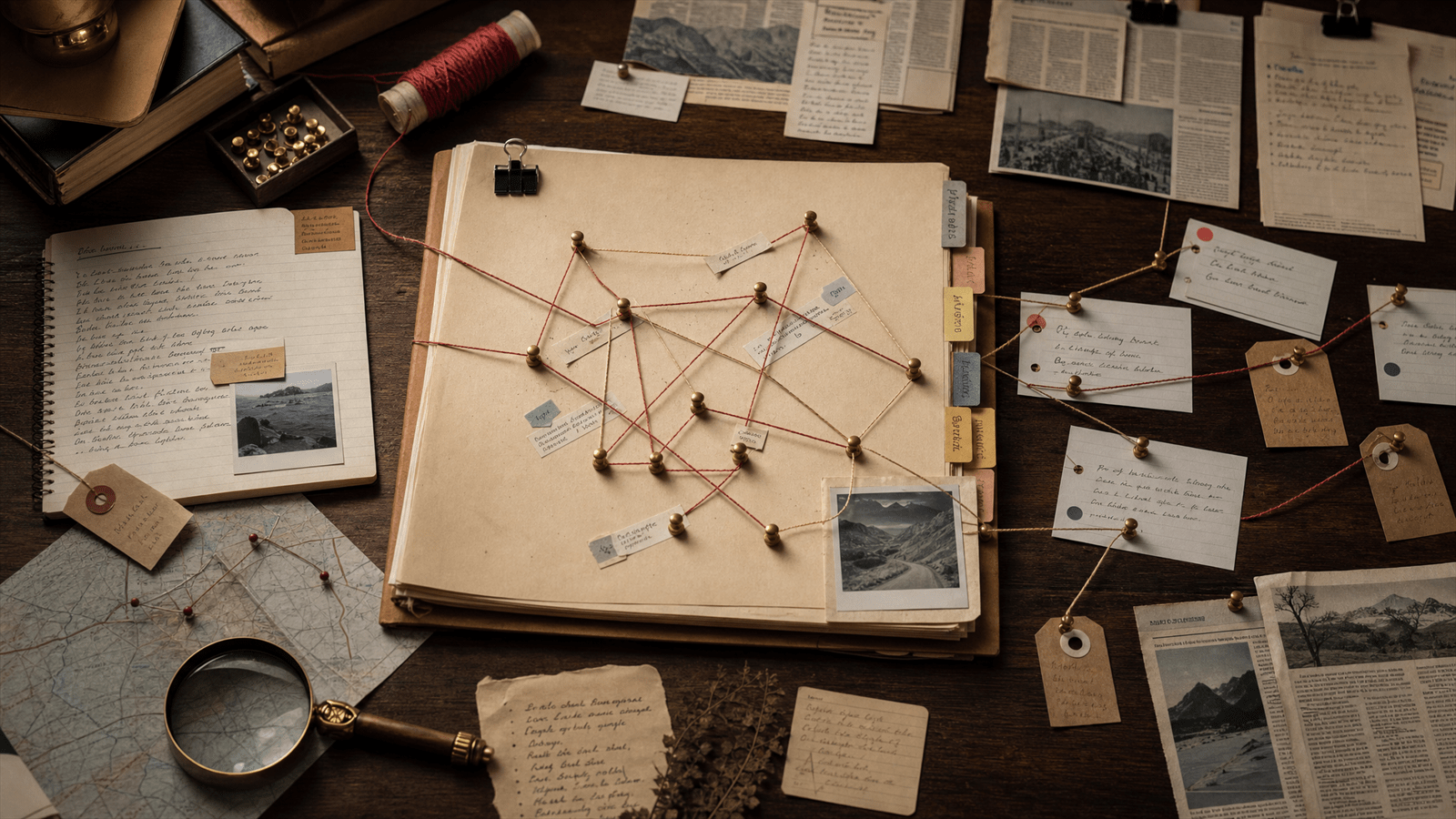 An editorial workbench with research assets, citation threads, publication clippings and internal path markers forming a useful authority network.