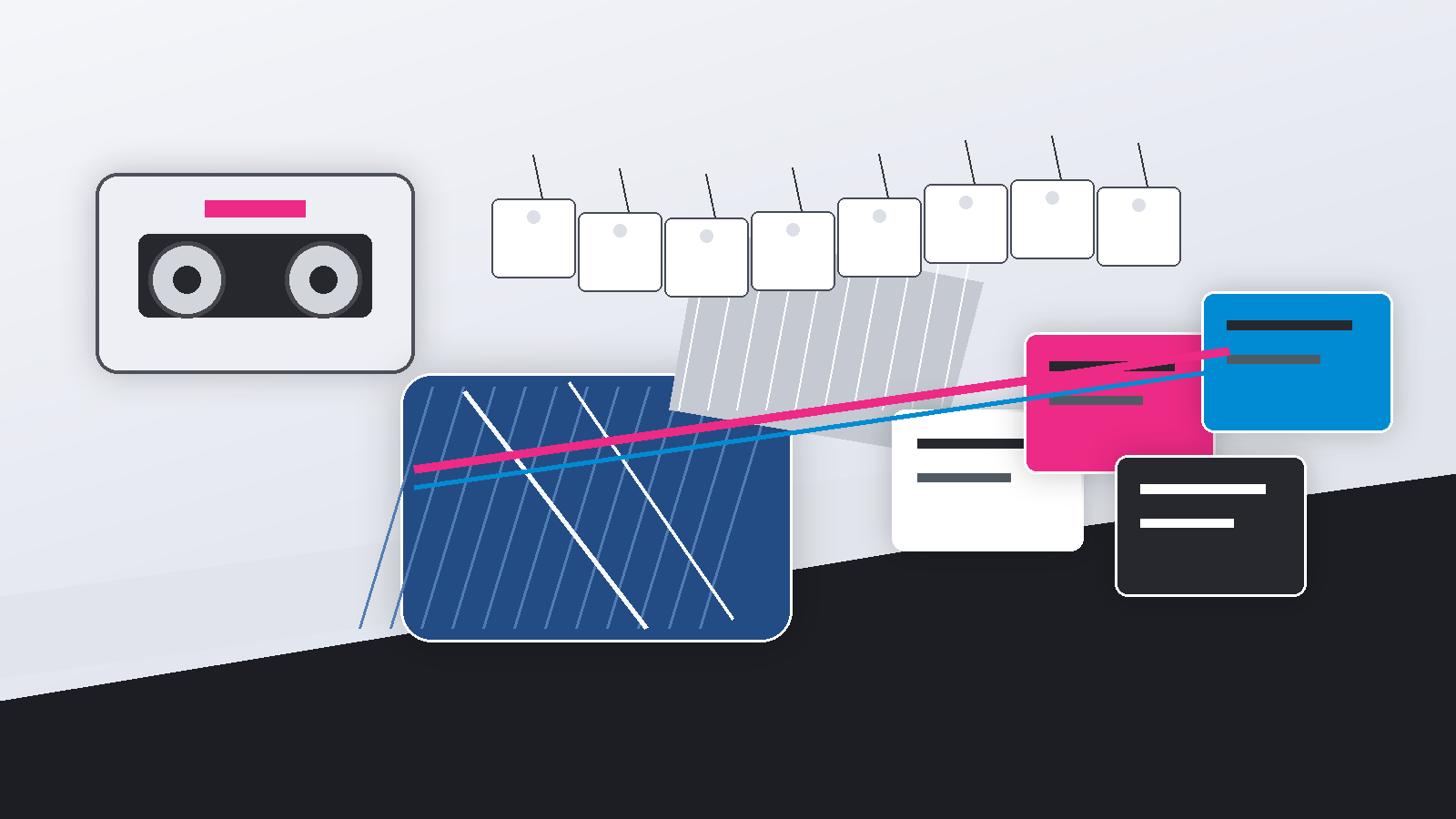 Denim, a cassette tape, blank hang tags and creator cards are arranged into a structured retail campaign system.