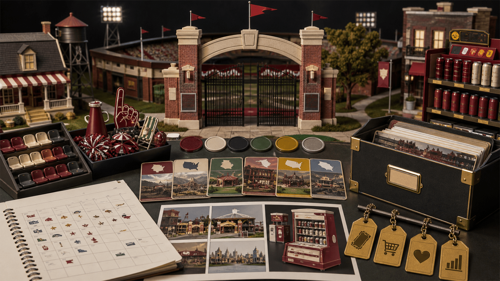 A miniature fan-culture brand world shows a stadium gate, seasonal calendar, retail display mockups, regional cards and continuity archive tags.