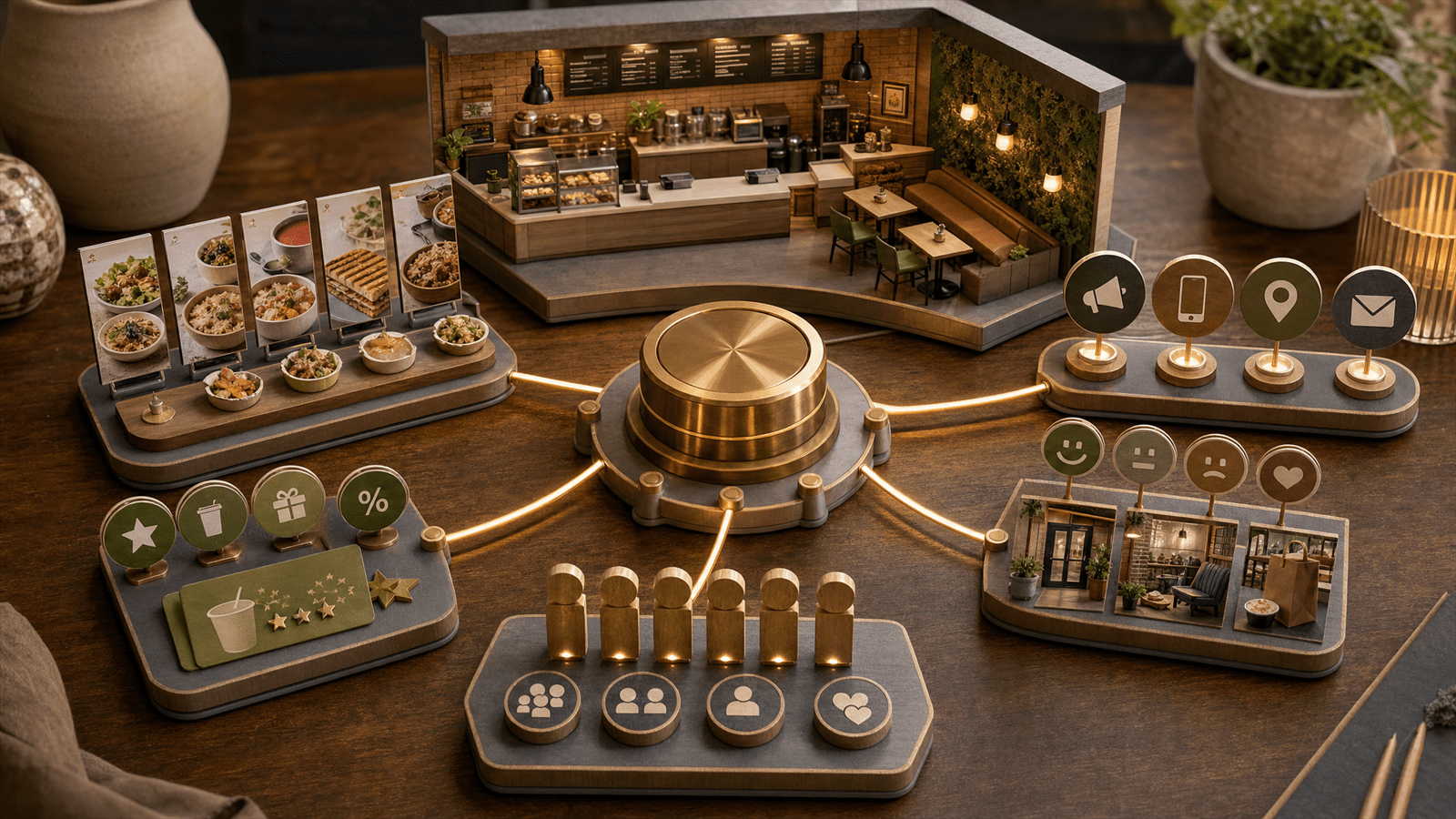 A fast-casual restaurant operating model with menu cards, loyalty tokens, media markers and cafe experience pieces converging into one CMO control hub.