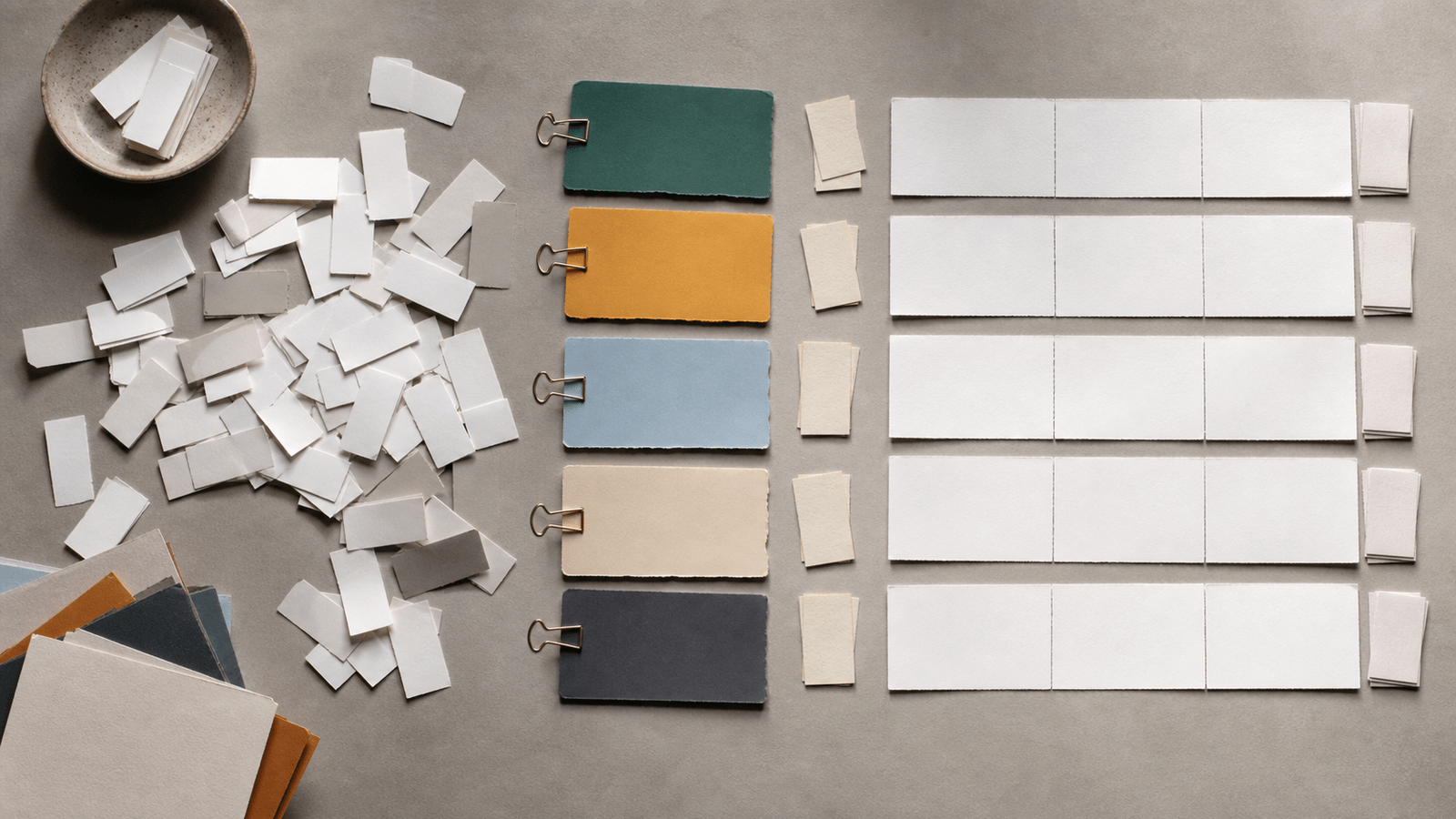 Printed customer cards and duplicate message slips are sorted into a clean relevance workflow on a studio table.