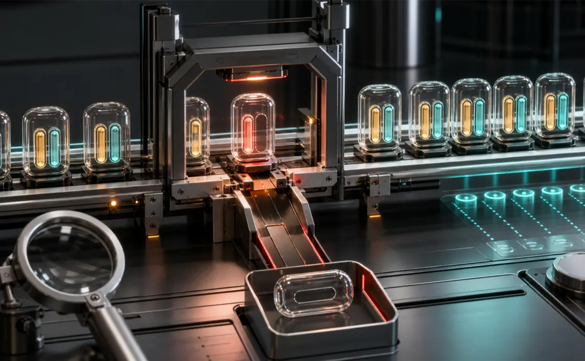 A precision inspection line diverts one data capsule with a missing identifier while complete capsules continue.