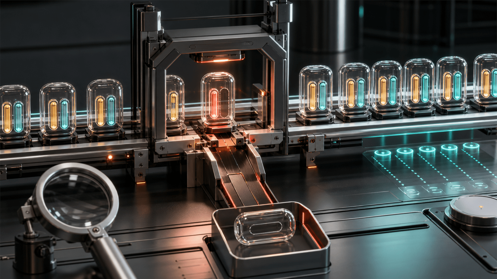 A precision inspection line diverts one data capsule with a missing identifier while complete capsules continue.