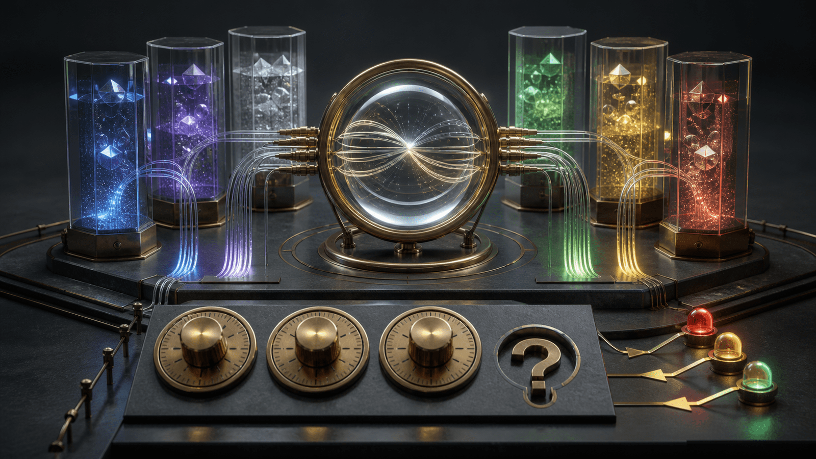 A studio decision observatory uses translucent data prisms, glass signal paths and brass calibration dials to represent AI reporting review.