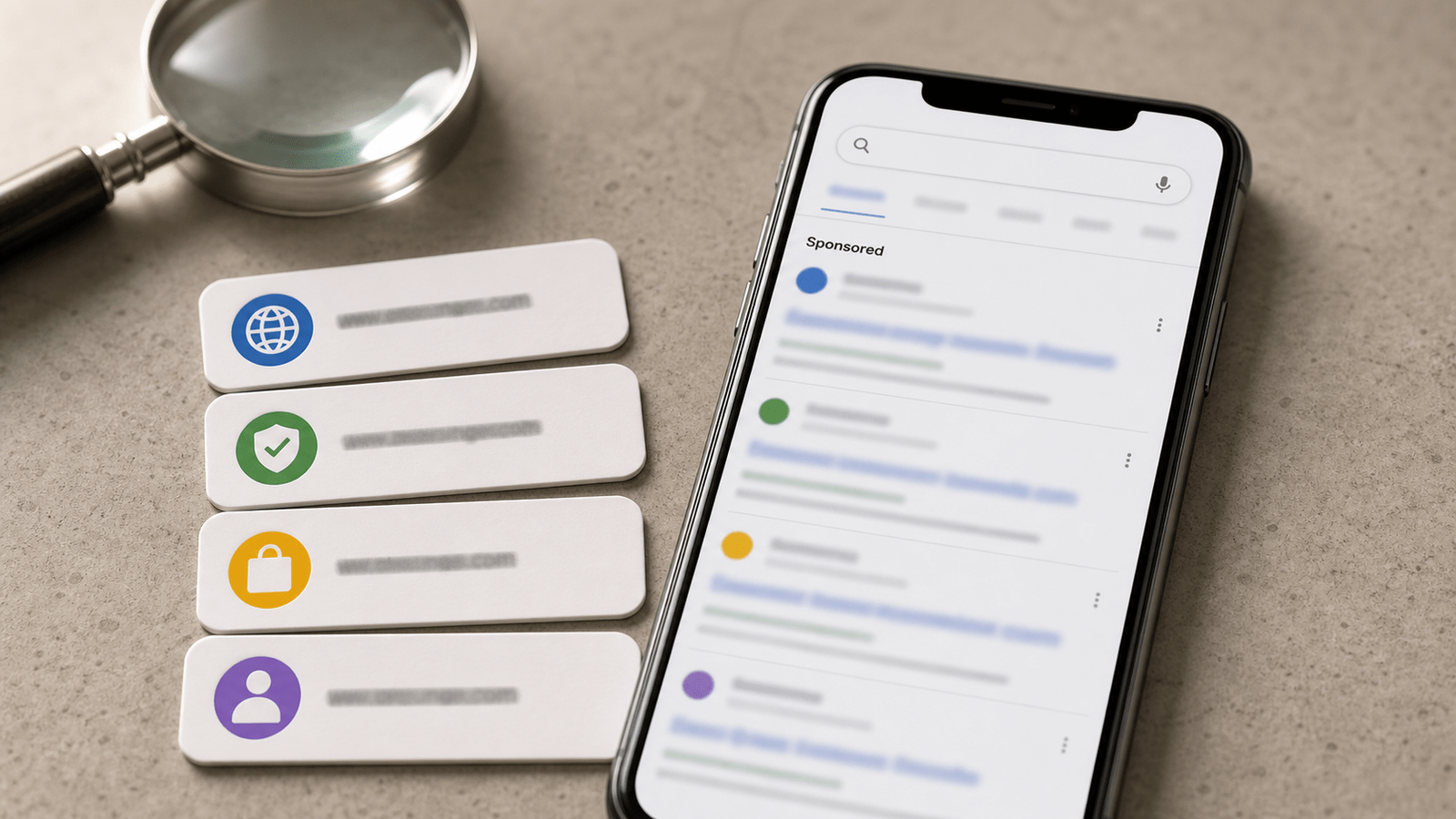 A smartphone search results scene with abstract advertiser identity badges shown before sponsored ad choices.
