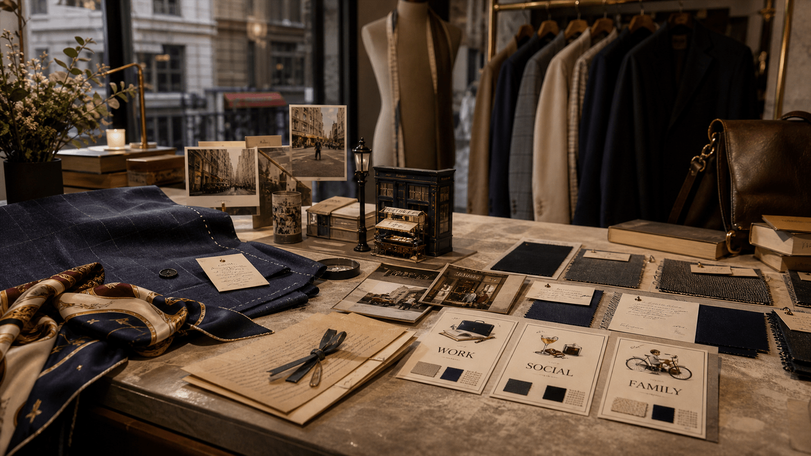 A heritage retail occasion atelier arranges tailored clothing pieces, community letters and activation props for a brand comeback.