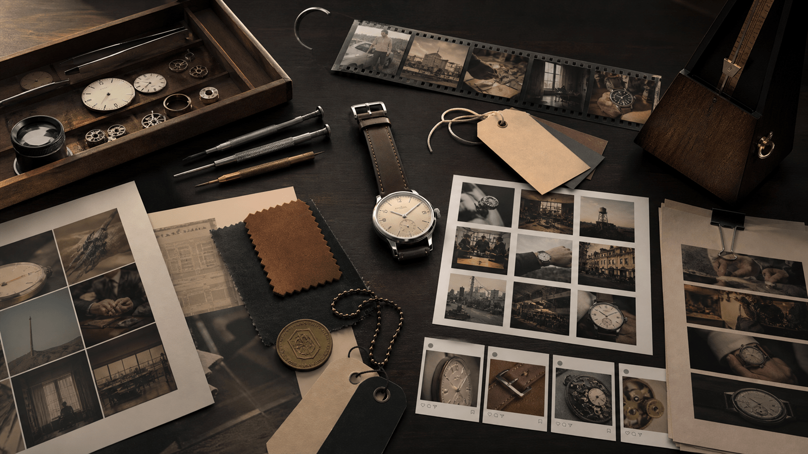 A heritage watch brand studio assembles a watch silhouette, memory tokens, retail tags and channel materials into one brand system.