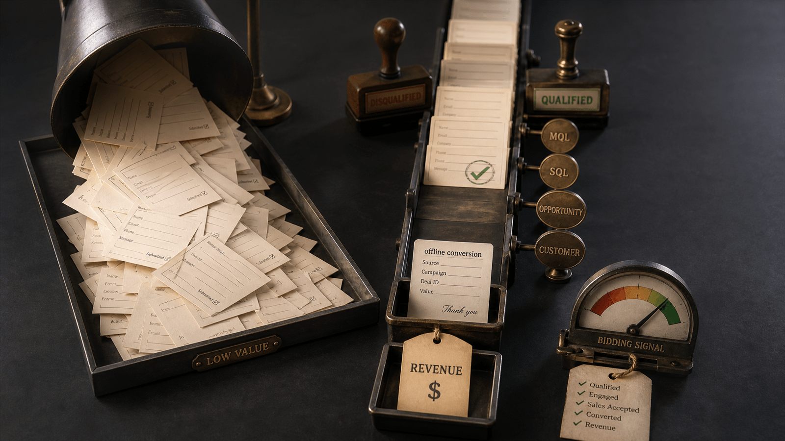 A paid lead calibration station contrasts a pile of low-value forms with qualified CRM stages, offline conversion receipts and revenue tags.