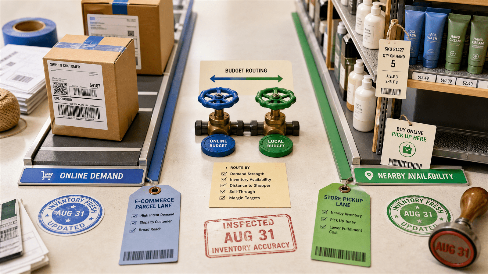 A retail inventory routing table splits online parcel demand and store-shelf availability with budget valves, pickup tags and an August 31 marker.