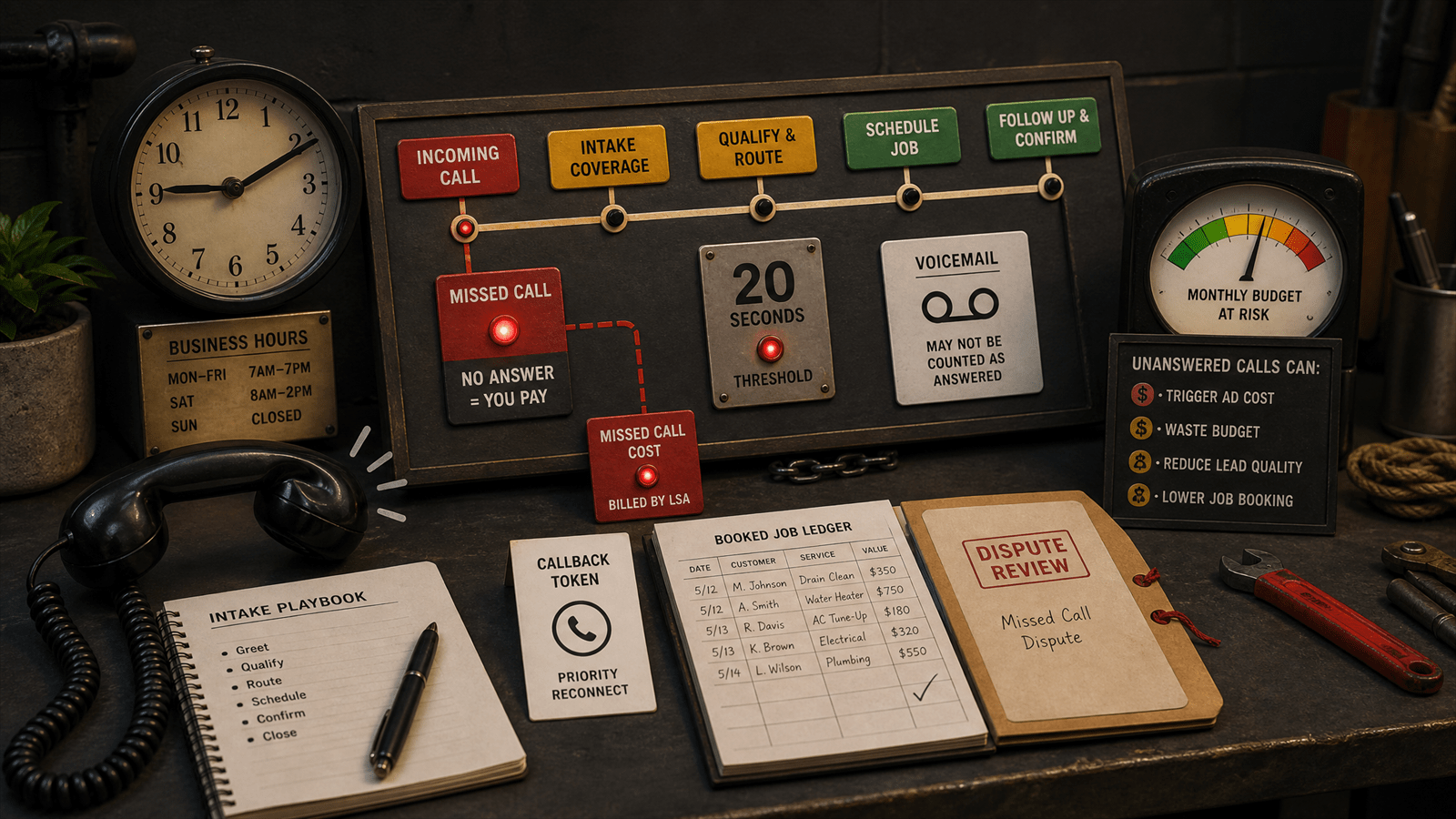 A call-intake routing bench shows a business-hours clock, 20-second threshold marker, voicemail card and budget-risk gauge.