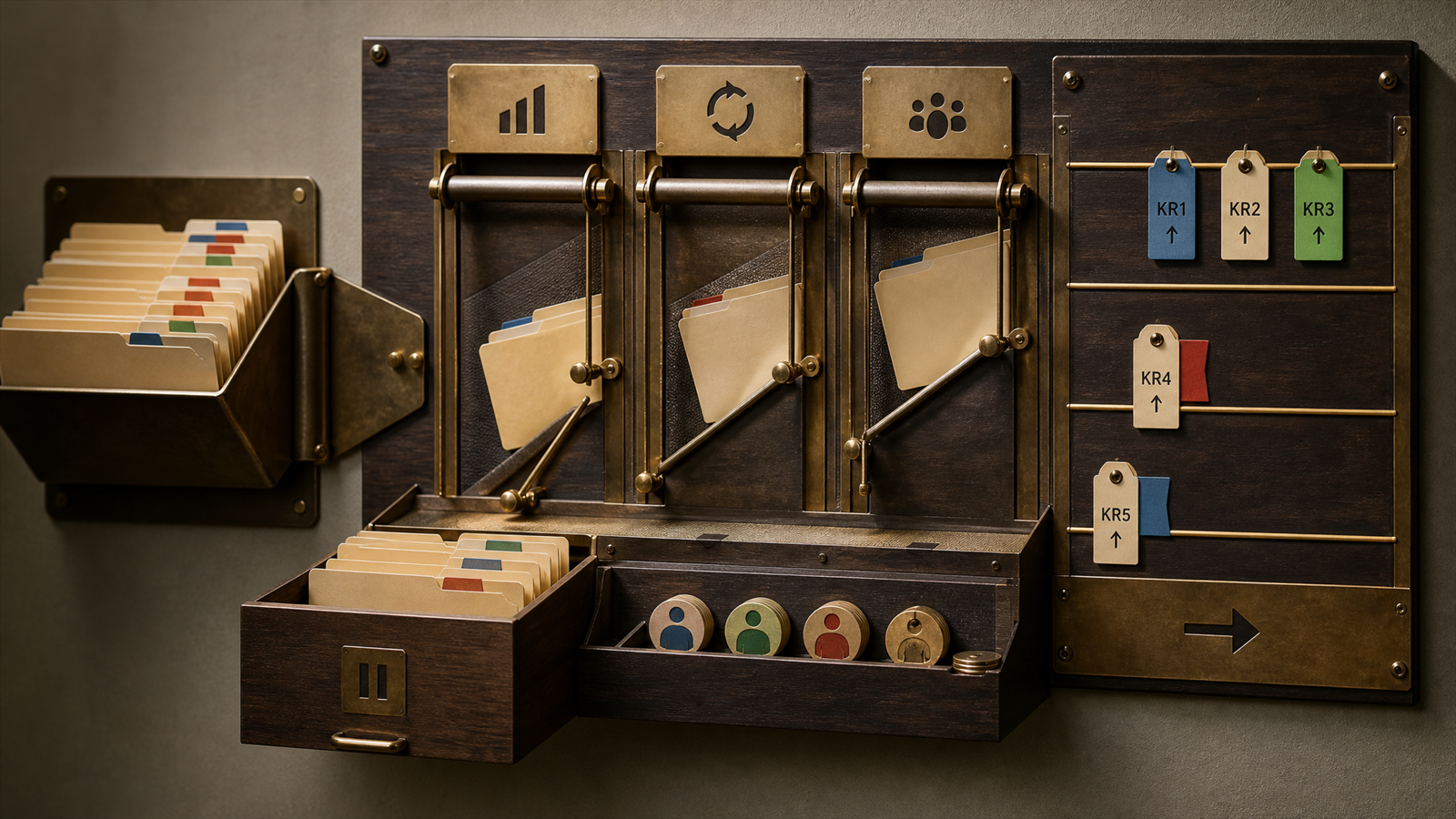A marketing operations dispatch wall sorts request folders by KPI impact, reusable value and team capacity before they enter a focused sprint lane.