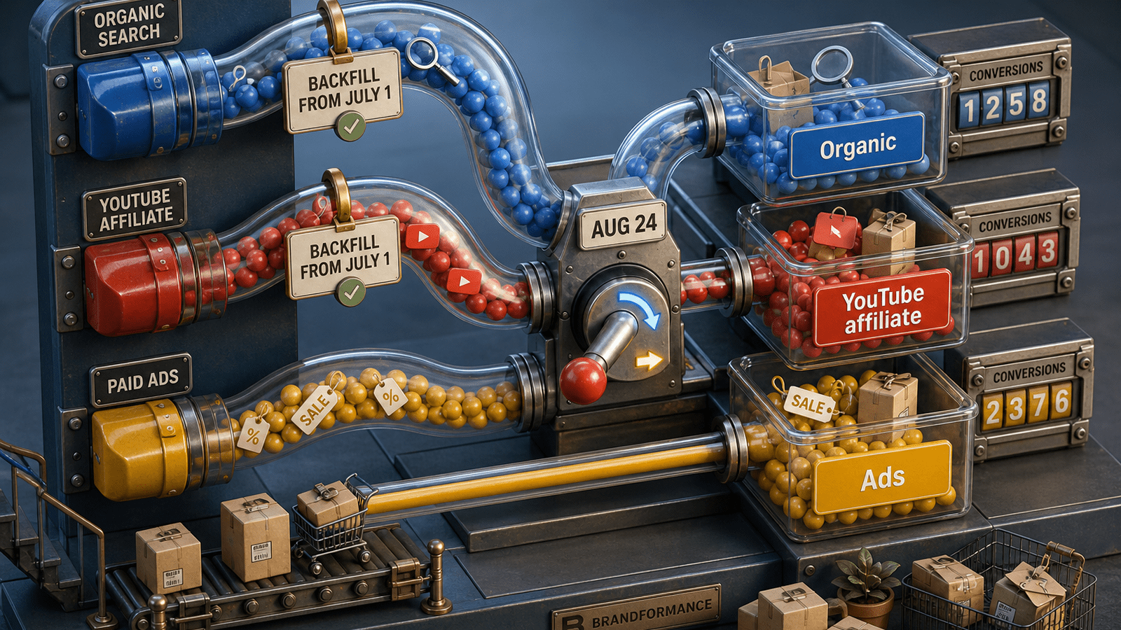 A three-channel ecommerce flow model splitting Organic, YouTube affiliate, and Ads streams with an August 24 switch and July 1 backfill markers.