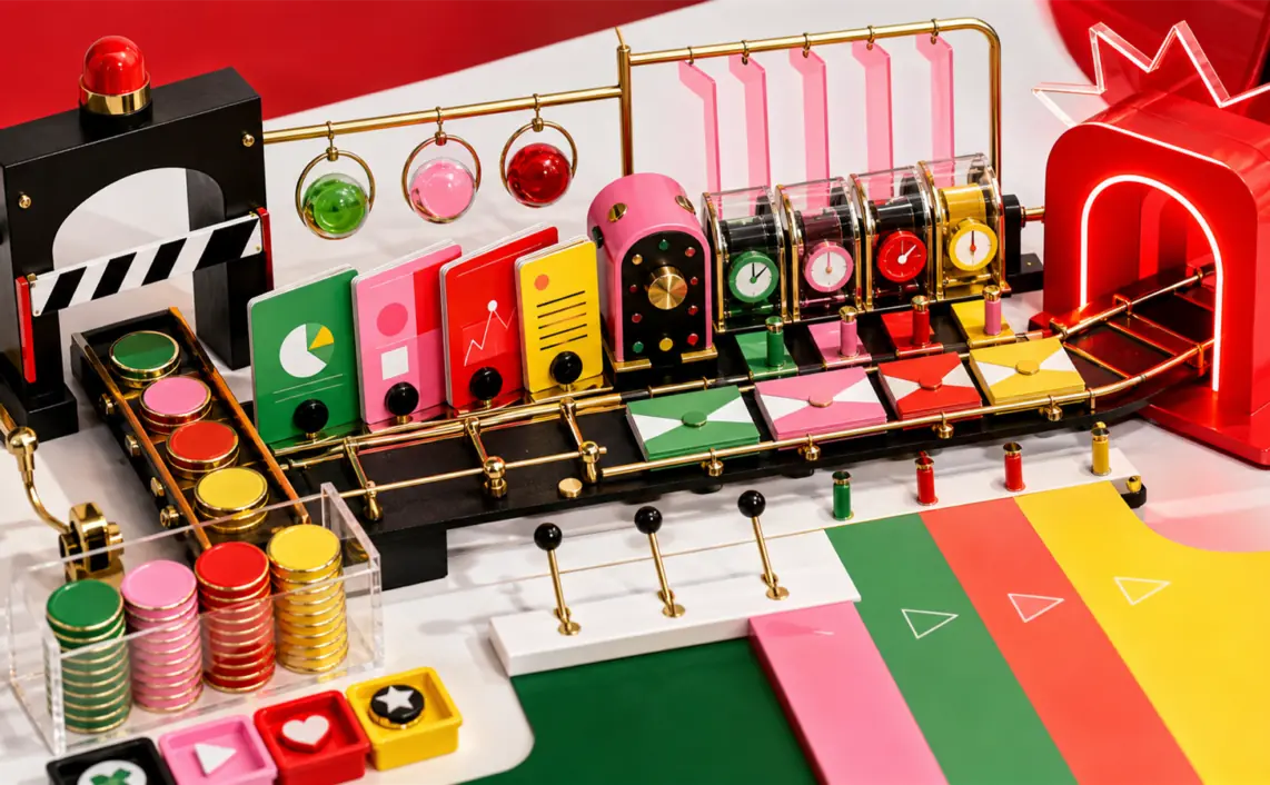 A colorful campaign planning machine compresses budgets, creative cards and learning stages into a short seasonal runway.