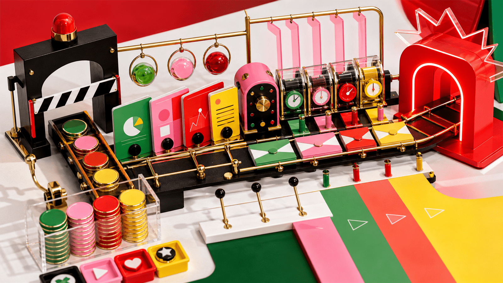 A colorful campaign planning machine compresses budgets, creative cards and learning stages into a short seasonal runway.