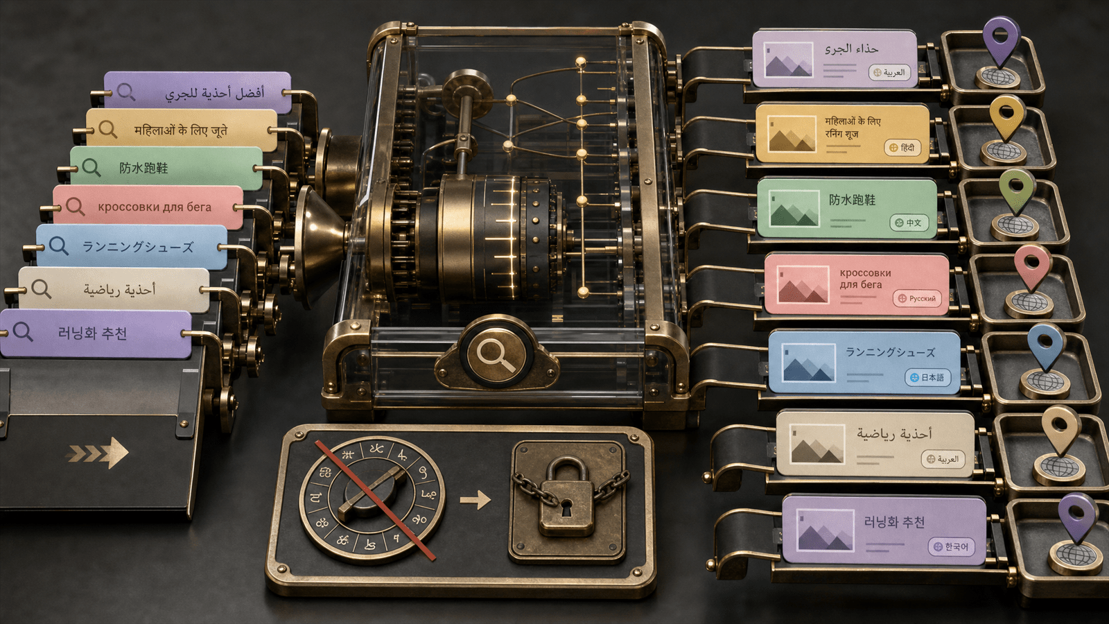 A multilingual paid search routing gate moves query cards in several languages through an automated matching mechanism without a manual language dial.