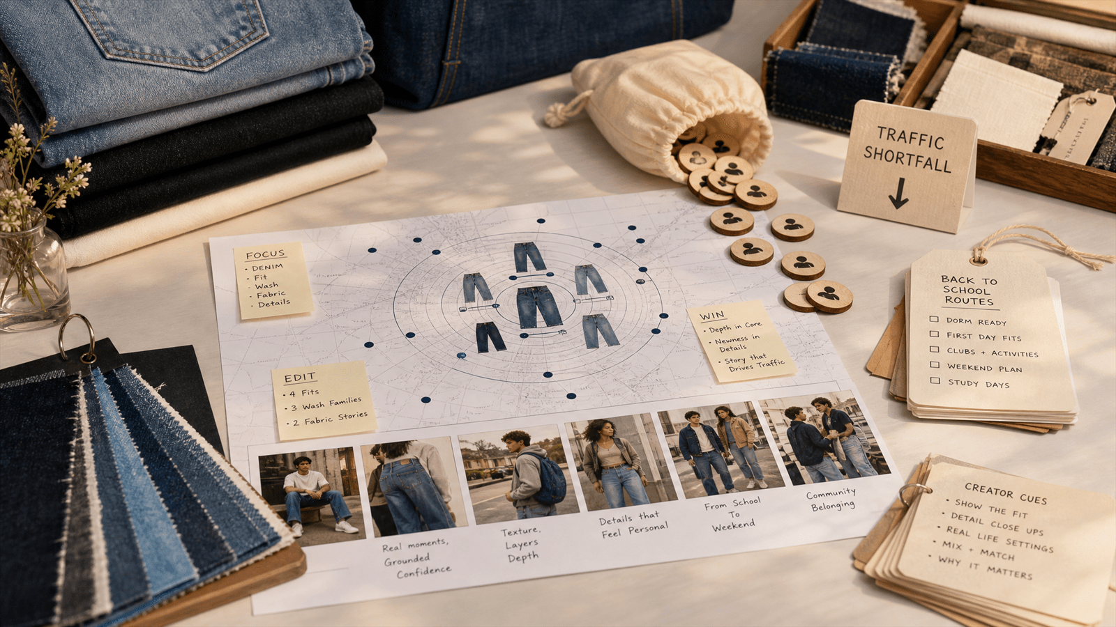 A fashion retail turnaround atelier arranges denim pieces, traffic markers, back-to-school route tags and campaign storyboards around a category-focus plan.