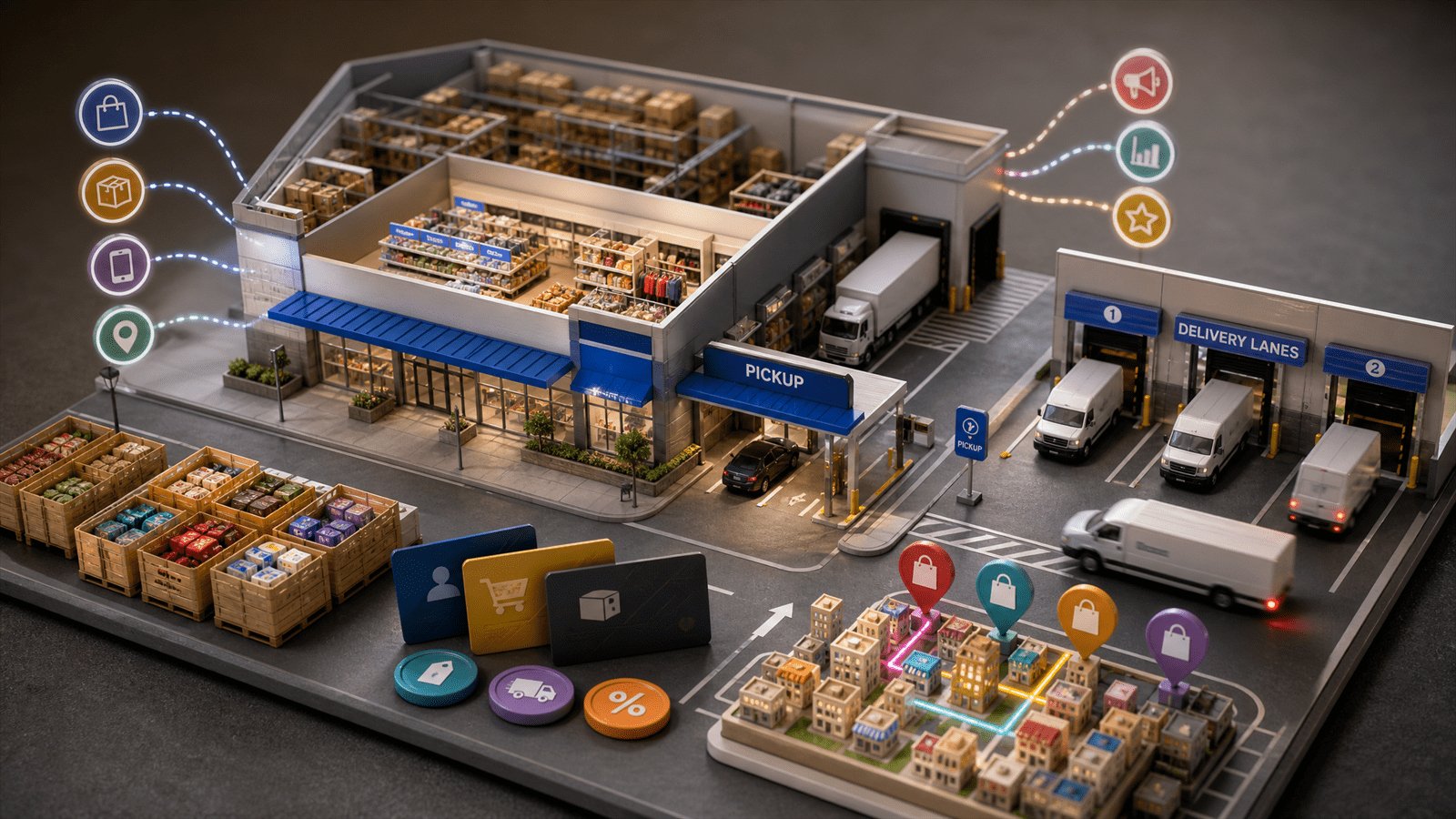 A miniature store acts as a fulfillment hub with inventory crates, delivery paths, marketplace tokens and media-signal tags.