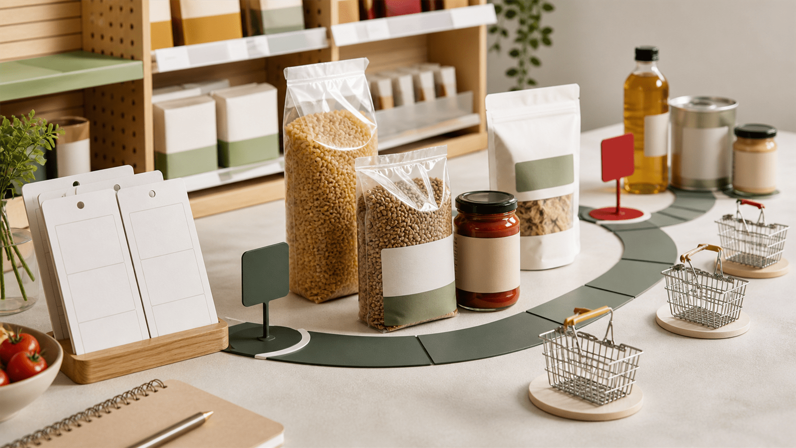 An unbranded peanut butter jar sends a ribbon of peanut butter toward noodles, a smoothie and vegetable sticks to show new eating occasions.