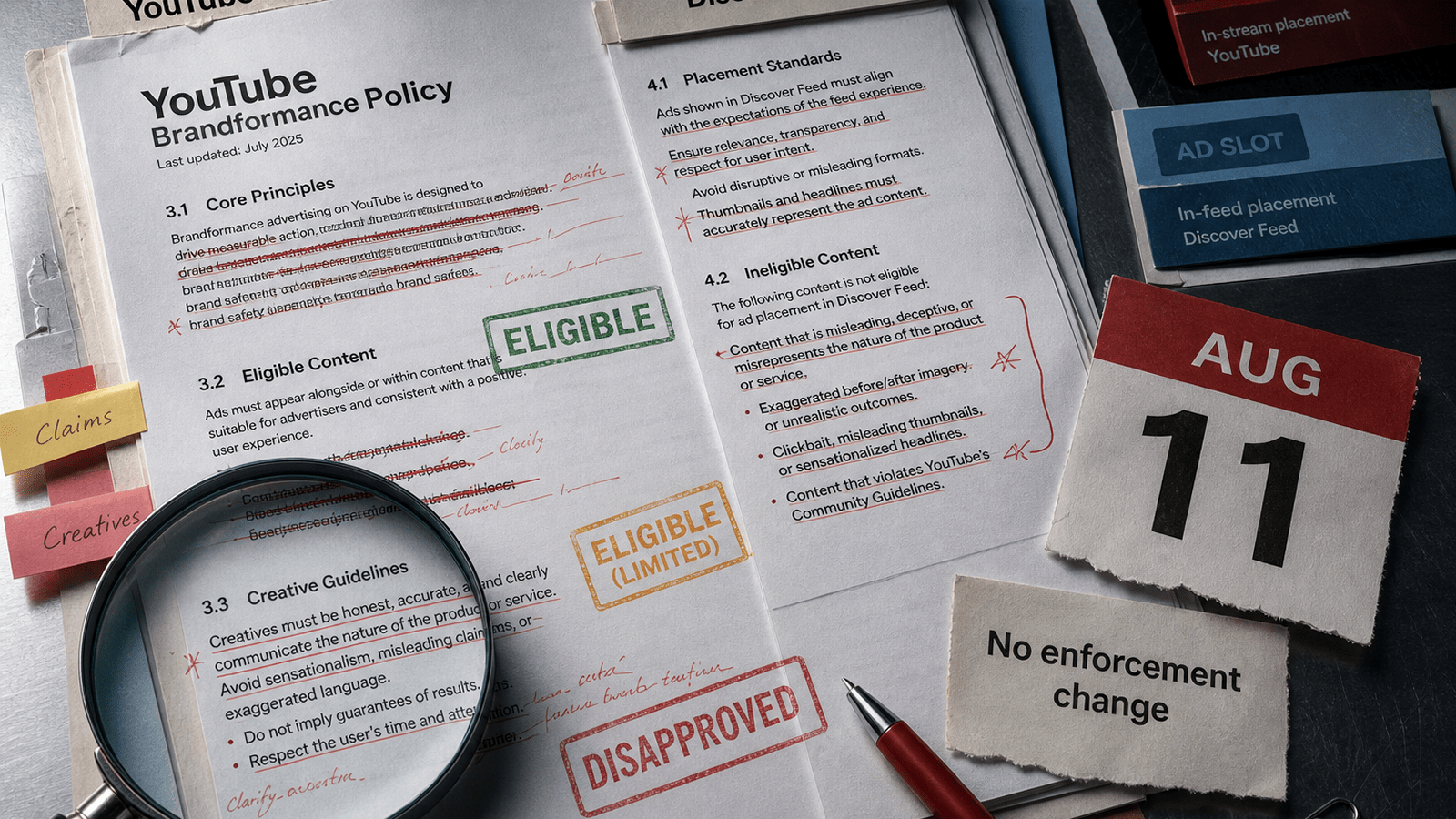 Redlined YouTube and Discover ad policy pages with Eligible and Disapproved stamps, showing policy-review risk for campaign launches.