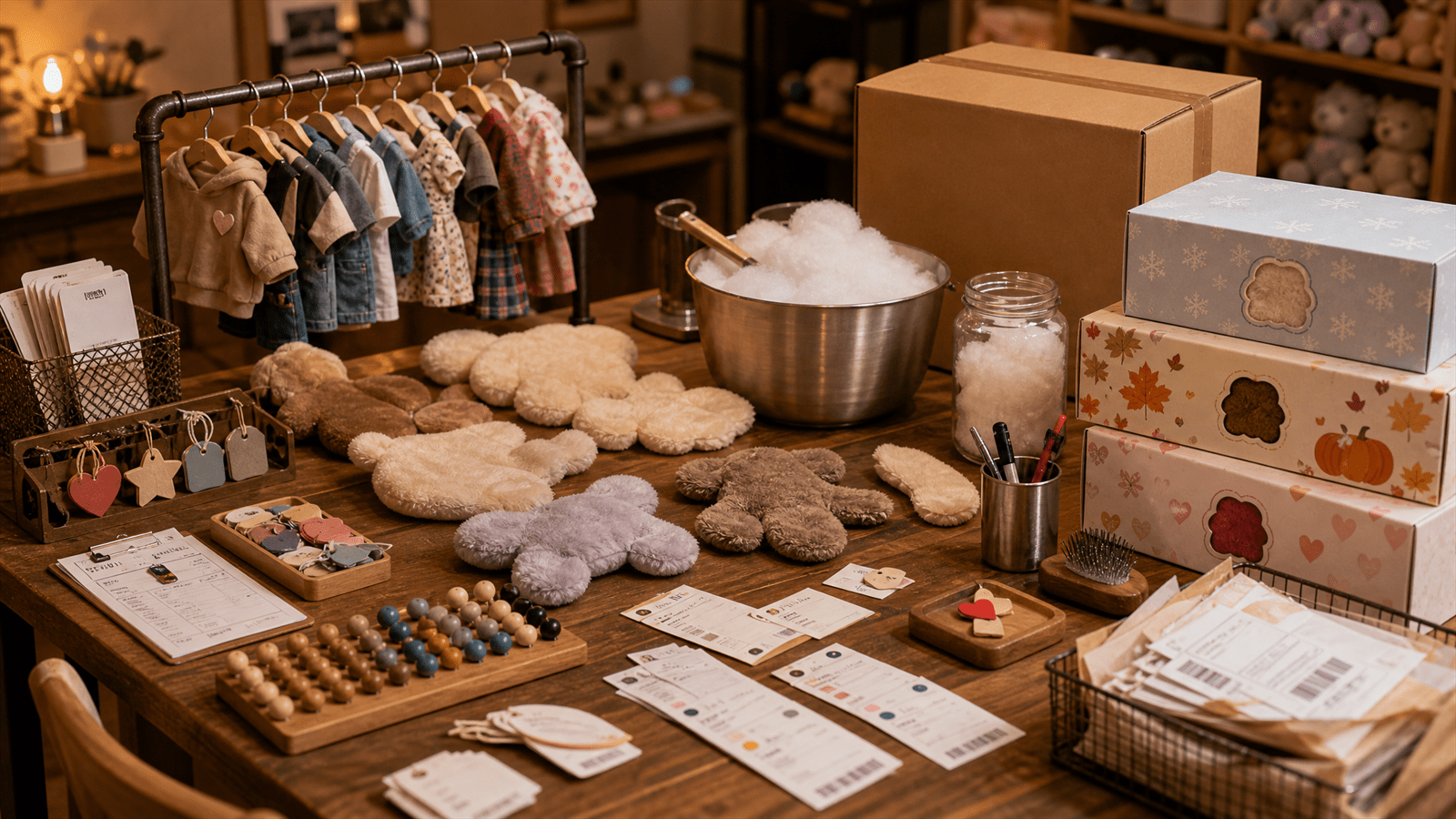 A retail customization workshop contrasts modular plush pieces and clothing racks with sealed seasonal novelty items, receipts and traffic counters.