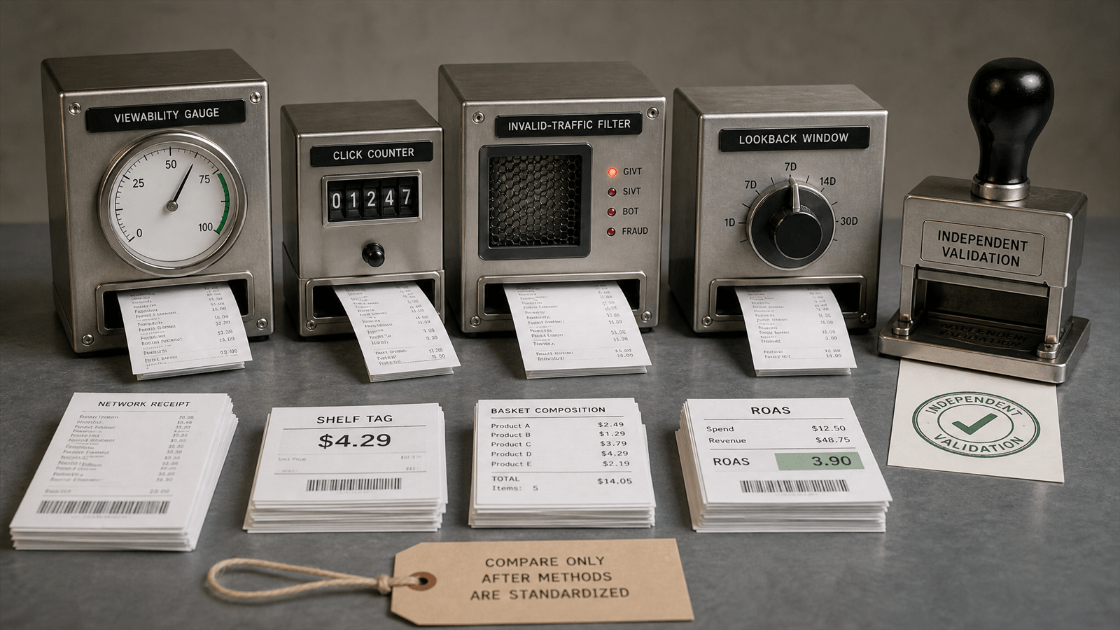 A retail media measurement bench normalizes network receipts with viewability, click, invalid-traffic and attribution-window gauges.