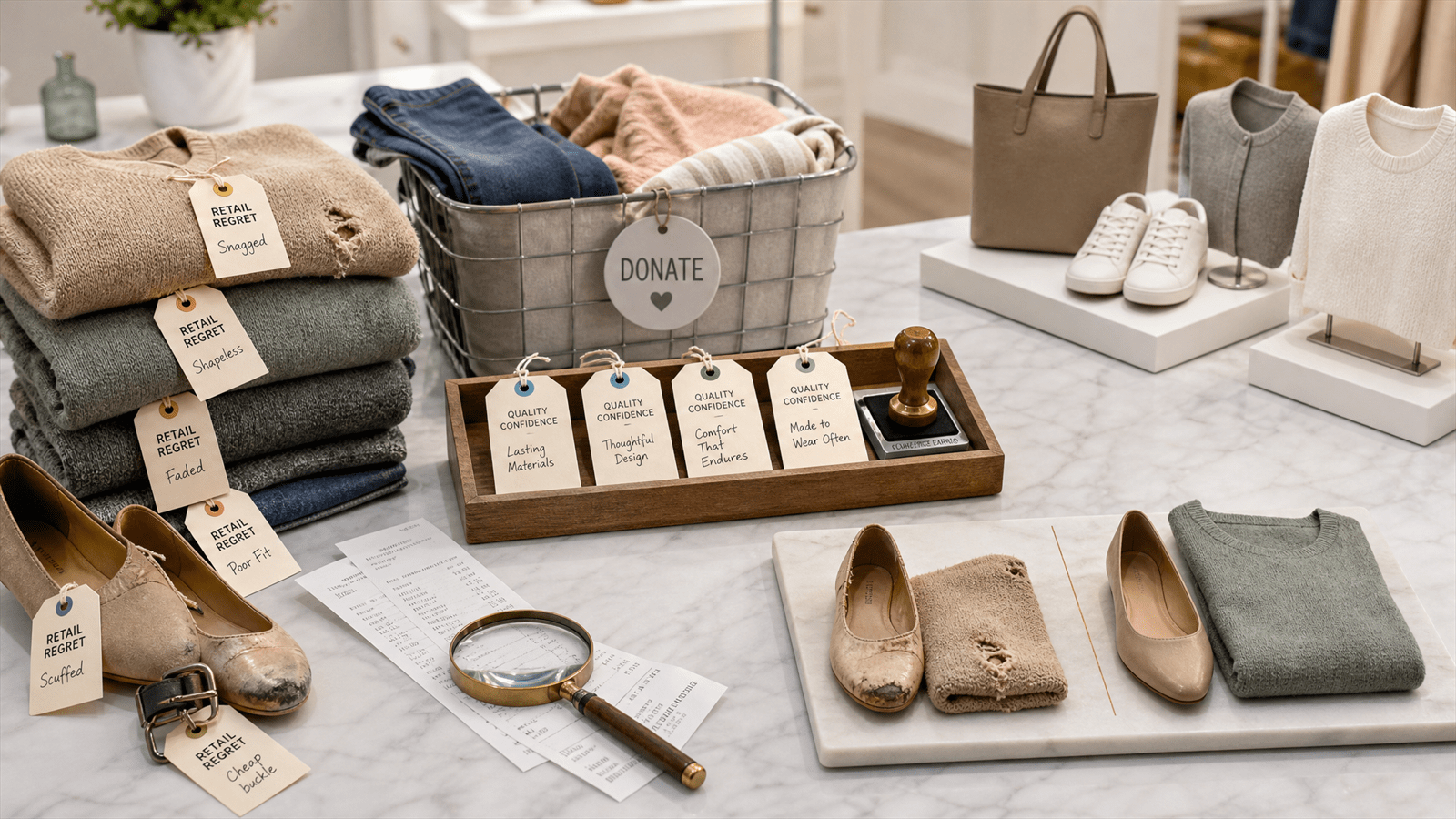 A retail value clinic examines flawed bargain items beside quality tags, receipts and replacement choices that make value visible.