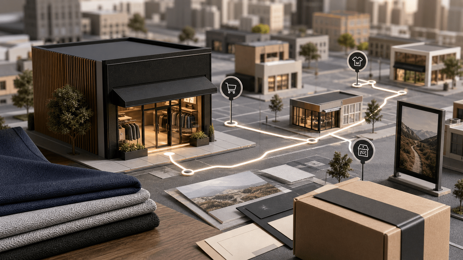 A miniature city retail scene with apparel fabric, storefront and channel touchpoints showing omnichannel brand building.