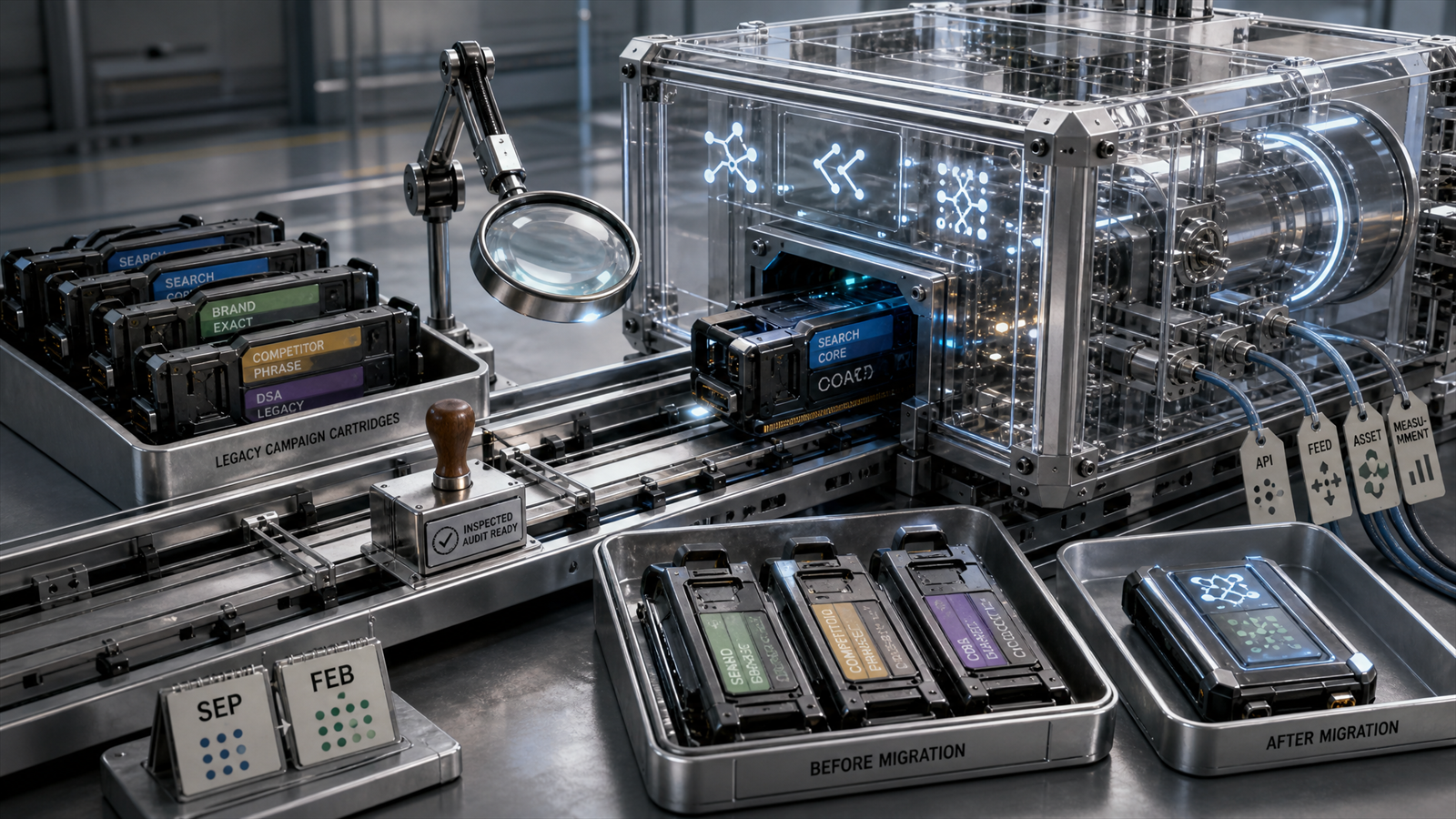 A paid search maintenance bay shows legacy campaign modules being inspected and refitted into a new AI Max search engine before September migration.