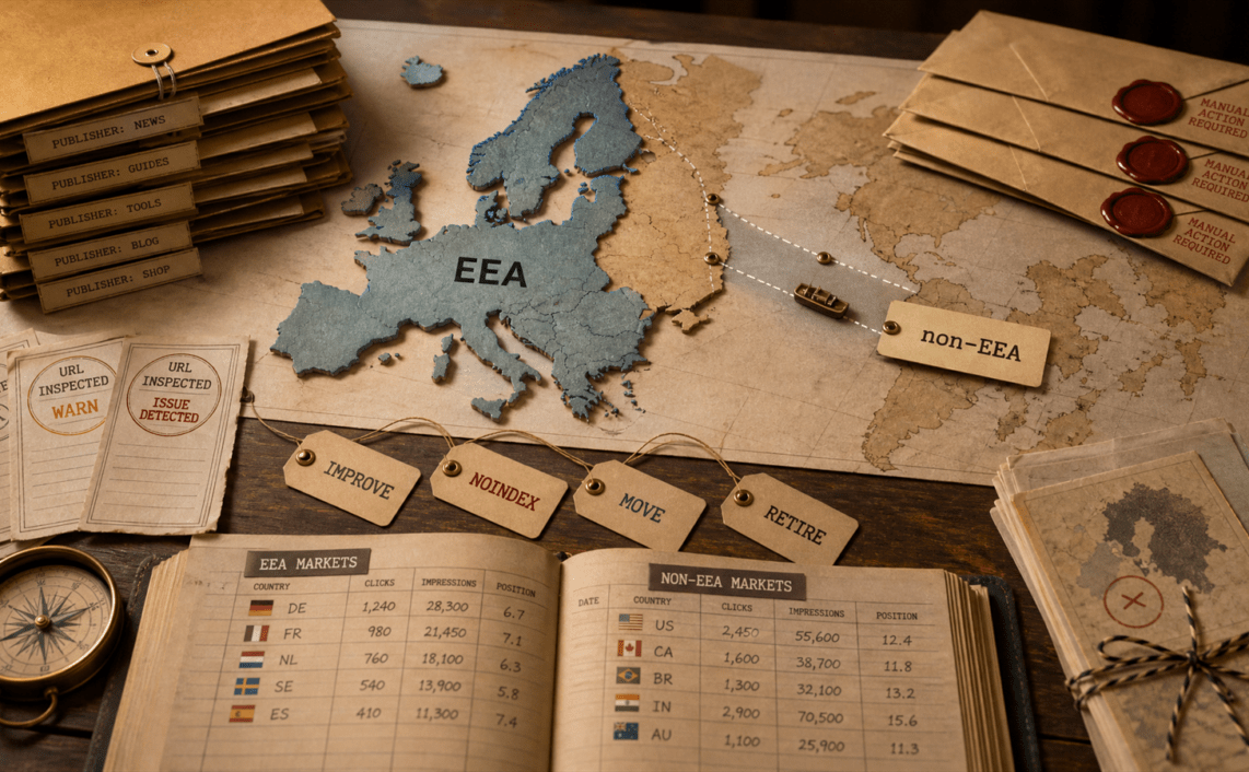 A tabletop search-policy map divides EEA and non-EEA routes with publisher-section folders, manual-action notices and remediation stamps.