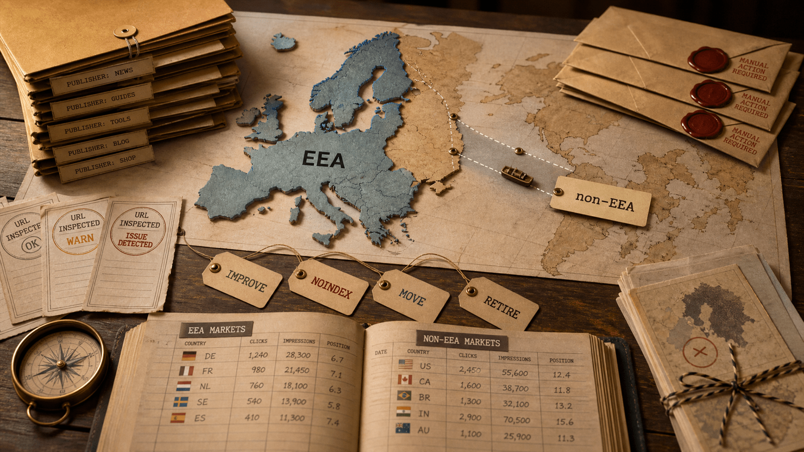 A tabletop search-policy map divides EEA and non-EEA routes with publisher-section folders, manual-action notices and remediation stamps.