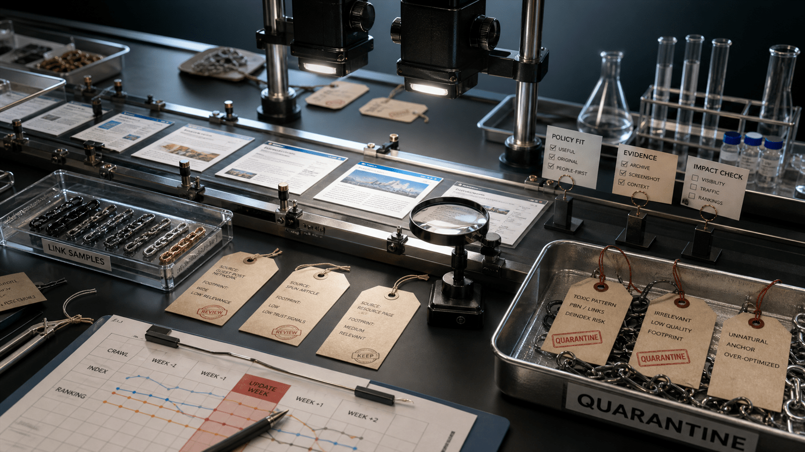A search-quality inspection lab sorts web pages, link samples and policy evidence through a measured SEO diagnostic lane.