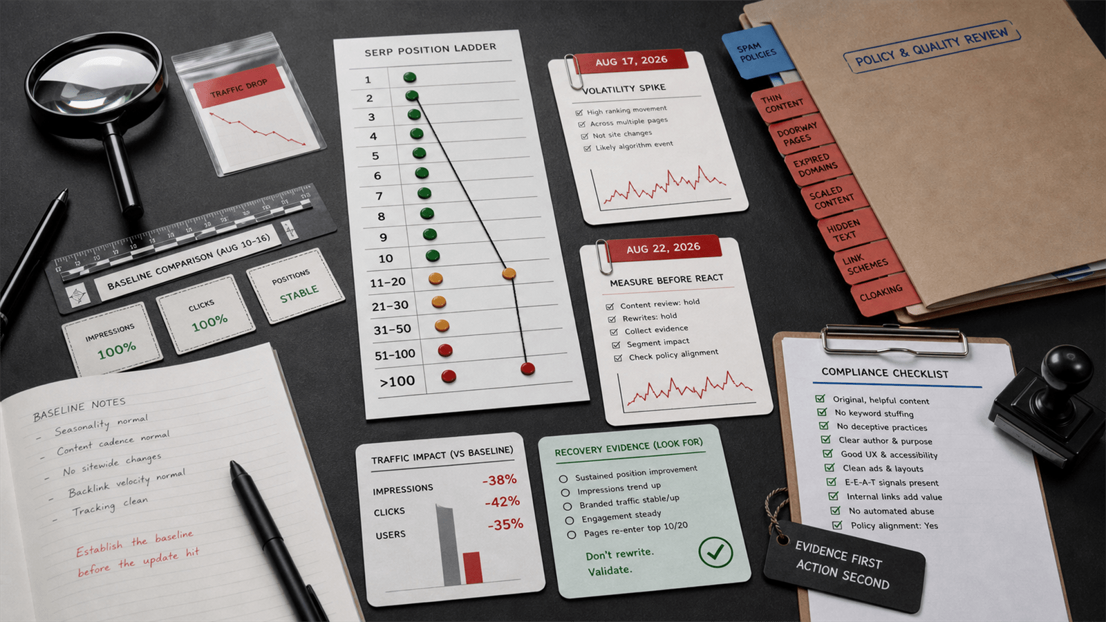 A search-volatility forensic bench shows SERP position loss, August update cards, spam-policy tabs and a recovery evidence checklist.