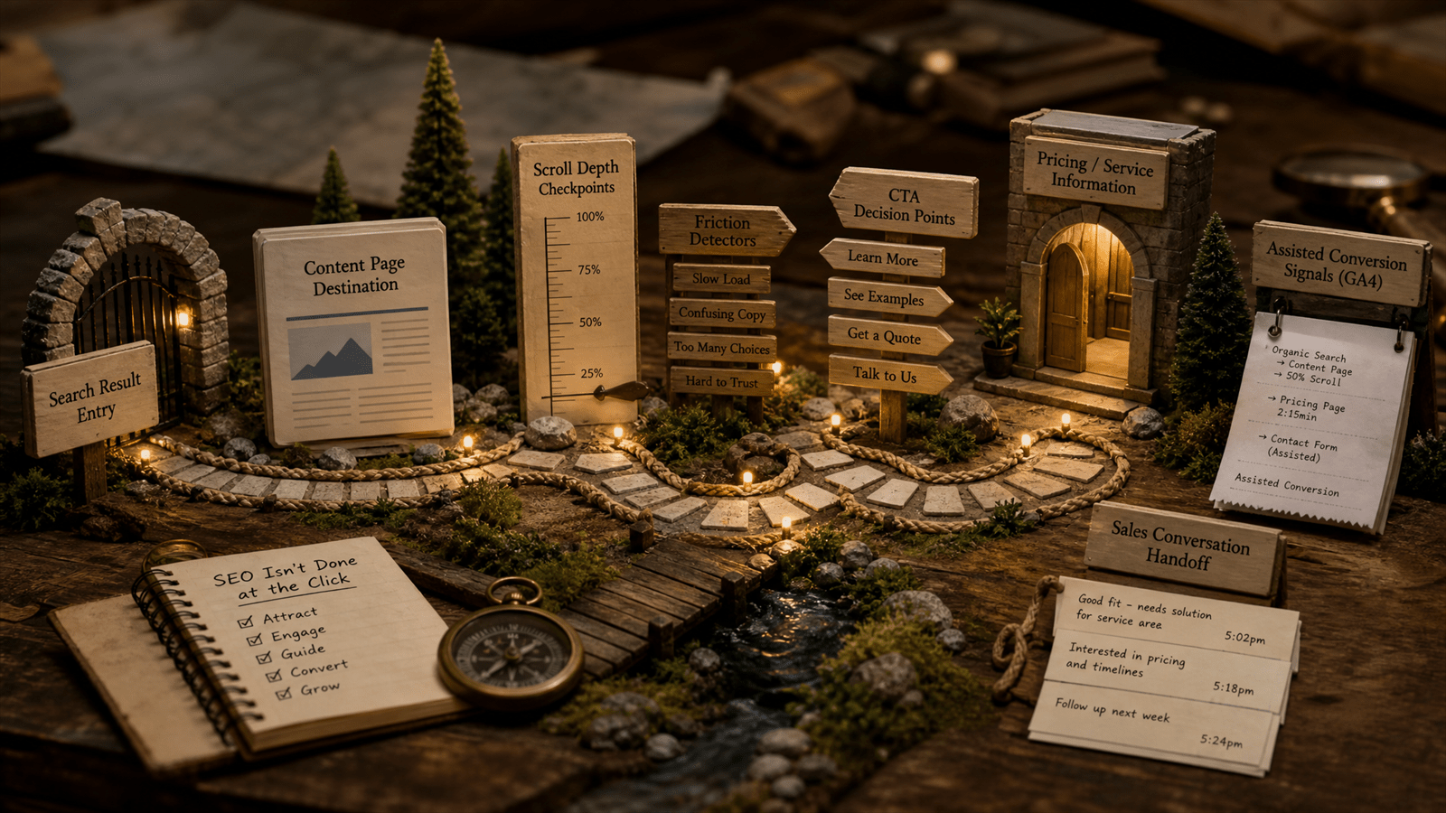 A miniature SEO journey shows a search entry gate, content page, scroll-depth ruler, friction markers, CTA signs and sales handoff notes.
