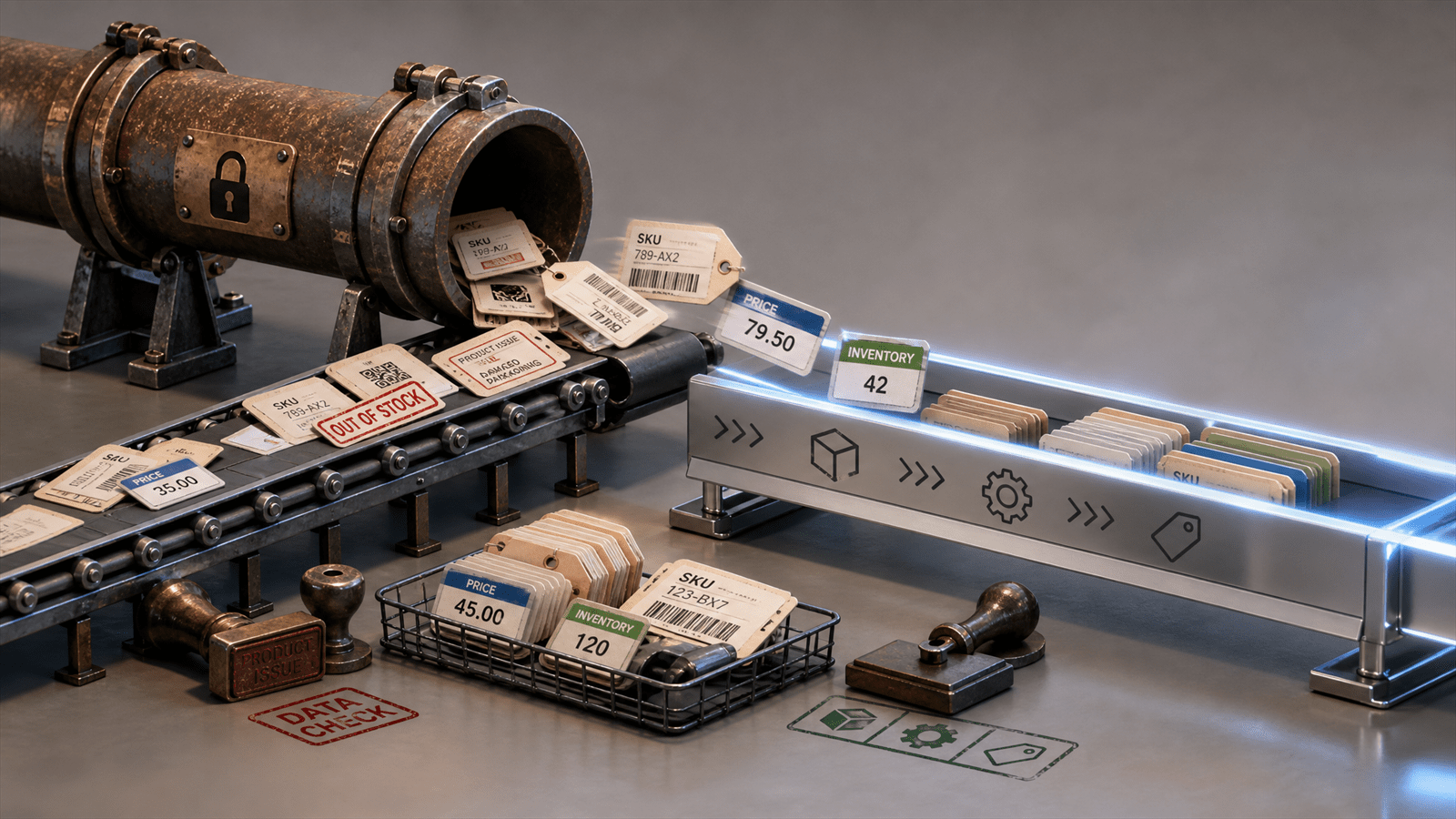 A product-feed transfer depot moves SKU tags, price labels and inventory cards from an old pipe into a cleaner Merchant API rail.