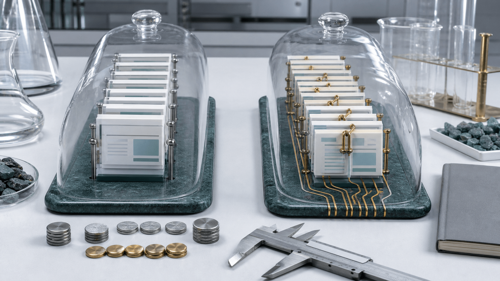 Two rows of miniature website-page specimens sit under glass cloches on a lab bench to show control and treatment groups in SEO testing.