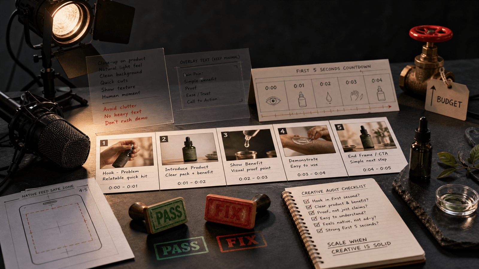 A video creative inspection stage shows storyboard frames, a voice microphone, text-overlay acetate sheets and first-five-second brand cue markers.