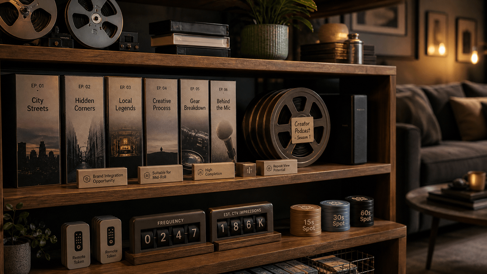 A living-room programming shelf organizes creator episodes, podcast reels, sponsorship markers and viewing-frequency tokens for a CTV plan.