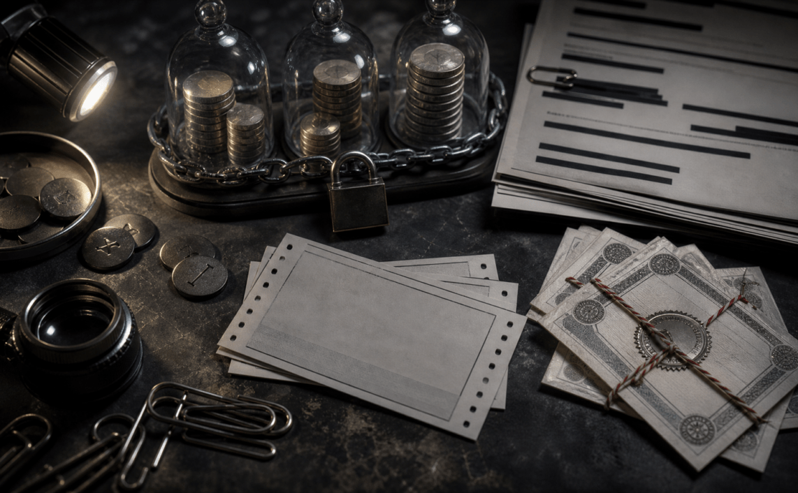 A dark accounting table with locked stacks of coins, redacted documents and sealed voucher papers representing conditional ad credit risk.