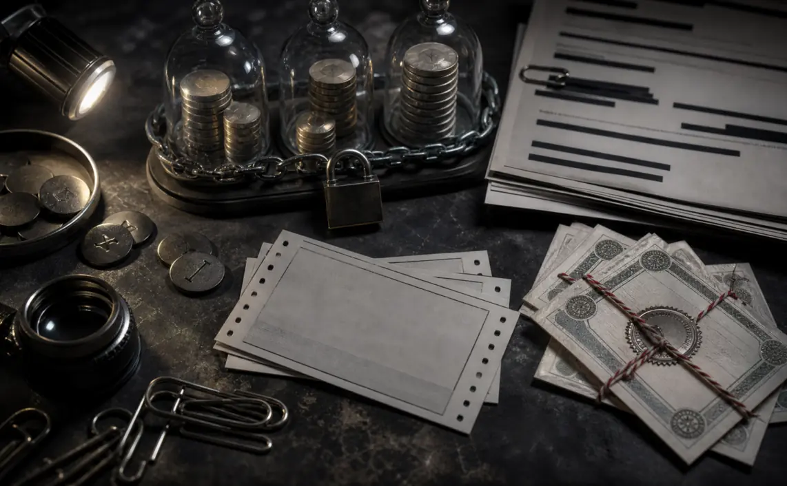 A dark accounting table with locked stacks of coins, redacted documents and sealed voucher papers representing conditional ad credit risk.