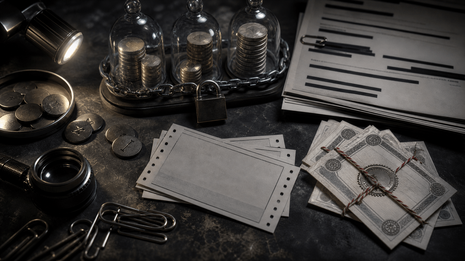 A dark accounting table with locked stacks of coins, redacted documents and sealed voucher papers representing conditional ad credit risk.