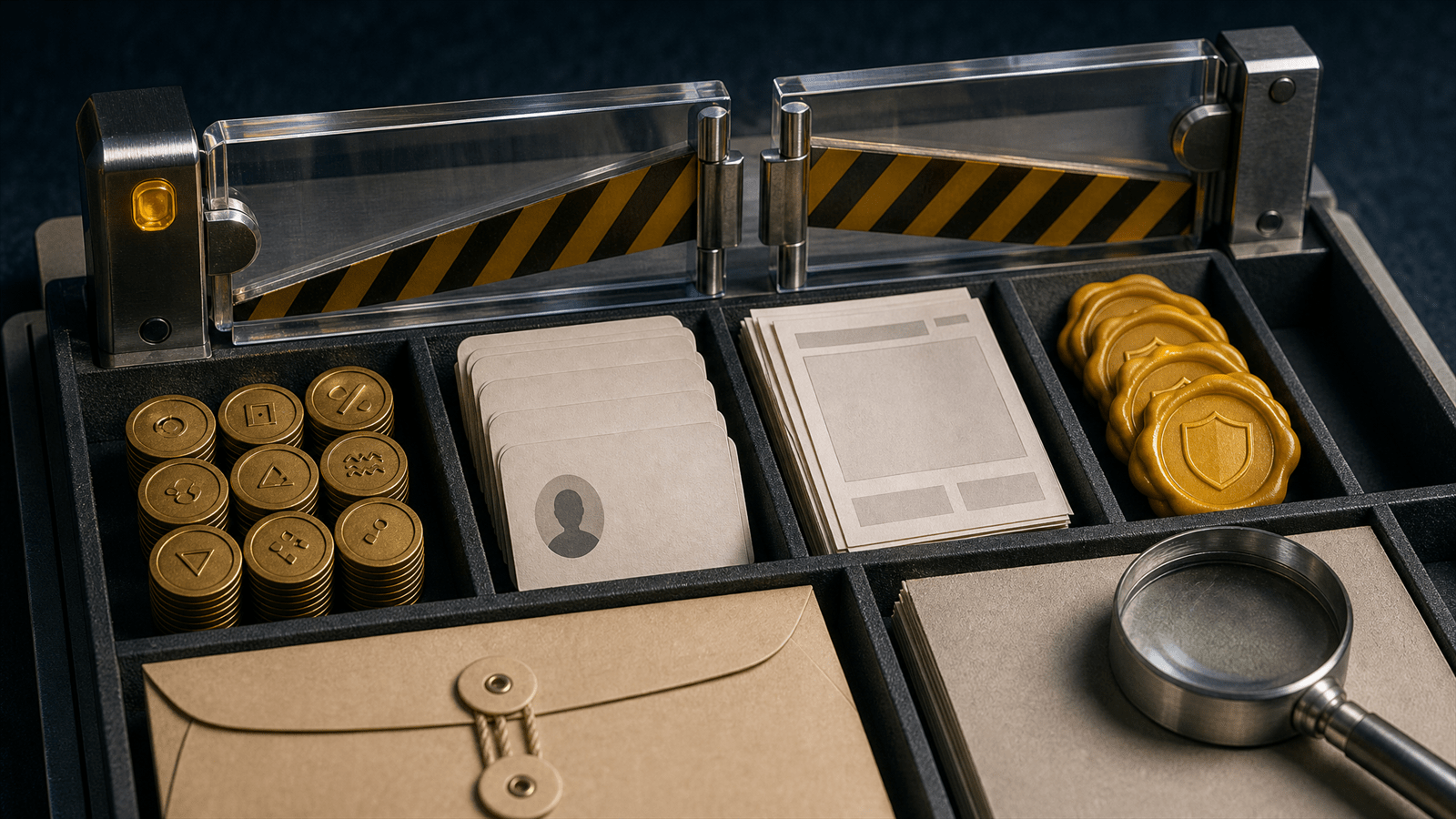 An ad eligibility inspection tray checks branded keyword tokens, identity badges, landing-page samples and appeal documents before ad impressions resume.