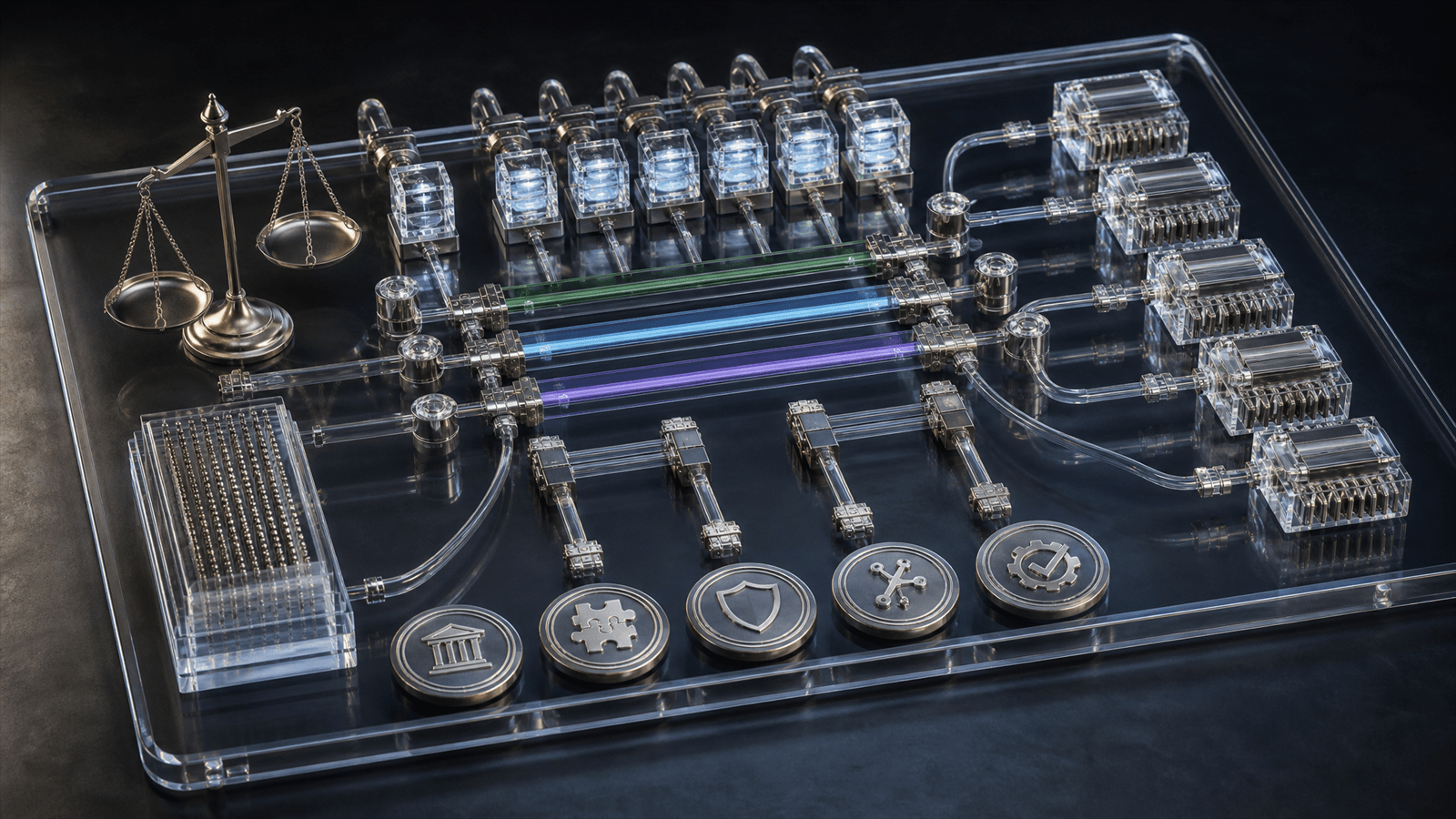 A glass ad-tech switchboard with separated exchange rails, publisher-server modules, compliance seals and transparent data channels.