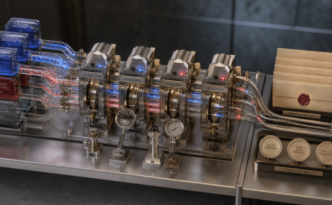 A mechanical ad-tech relay bench connects publisher inventory blocks, exchange gates and sealed remedy envelopes through testable data pathways.