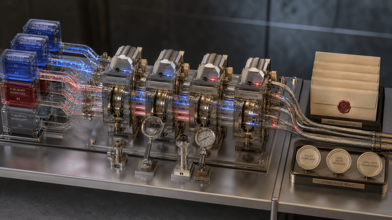 A mechanical ad-tech relay bench connects publisher inventory blocks, exchange gates and sealed remedy envelopes through testable data pathways.