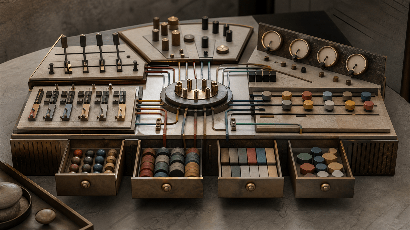 A modular agency media operating switchboard with planning levers, effectiveness gauges, creative-route tokens and measurement drawers.
